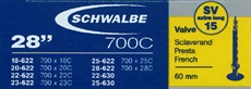 Schwalbe, Slang SV15EL, 18/28-622/630 mm, 28 Tum med 60 mm Racerventil