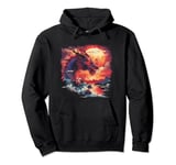 mythical fierce red Asian dragon lake night sky moon stars Pullover Hoodie