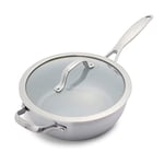 GreenPan Venice Pro Tri-Ply Stainless Steel Healthy Ceramic Non-Stick 24cm/3.4 Litre Chef's Pan with Helper Handle and Lid, PFAS Free, Multi Clad, Induction, Oven Safe, Silver