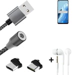 Magnetic charging cable + earphones for Oppo Reno8 Lite 5G + USB type C a. Micro