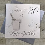 White Cotton Cards WBS30–S, Fils 30 Ans Motif Seau à Champagne Inscription Happy Birthday 30th Carte d'anniversaire Faite à la Main Blanc