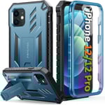 iPhone 12-fodral, militärklassat, droppskydd, robust skyddande skal med stativ | Matt texturerat stötsäkert TPU-hybridstötfångarefodral 6,1 tum