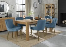 Bentley Designs Turin Light Oak 6-10 Seater Extending Dining Table with 8 Cezanne Petrol Blue Velvet Chairs - Gold Legs