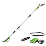 Greenworks Tools G24PS20K2 Cordless Pole Saw with 2 Ah Battery and Charger, 24 V, Green, 20 cm+ Chainsaw Guide Rail (suitable for: 20147 GPS7220, 2000107 G24PS20, 20157 G40PS20) - 29497, black