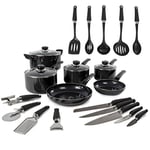 Morphy Richards Equip 20 Piece Cookware Set (4 Pots + 2 Saucepans + 14 Utensils), Black, Aluminium