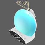 Projection Alarm Clock Wake Up Light with Sunrise/Sunset Simulation Dual Alarms Snooze Function FM Radio 30 Alarm Sounds 7 Colorful Atmosphere Bedside Lamp Support USB Flash Drive Playing, Idea Gift
