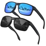 OJIRRU Lunettes de soleil homme polarisées Lunette de soleil rectangulaires Lunettes soleil sport classiques conduite peche pour homme femme Protection UV400 (Noir/Bleu(2 Paires))