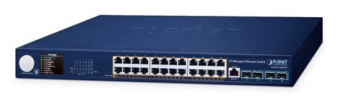 PLANET Layer 3 24-Port 10/100/1000T hanterad L3 Gigabit Ethernet (10/100/1000) Strömförsörjning via Ethernet (PoE) stöd Blå
