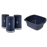 Tower T826171MNB Belle Set of 3 Canisters, Tea/Coffee/Sugar Storage, Midnight Blue, Steel & Addis Large Washing Up Bowl 9.5L Capacity In Ink Blue