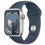 Apple Watch Series 9 (GPS + Cellular) 41mm - Silver Stainless Steel Case with Storm Blue Sport Band - S/M (Fits 140mm to 190mm Wrists)