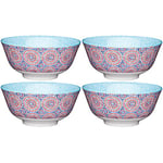 KitchenCraft Set of 4 Glazed Stoneware Bowls with Crackle Effect & Mosaic Pattern, Blue & Red Ceramic Bowls with Footed Base, Microwave & Dishwasher Safe, 15.7 cm (6") (POKCBOWL21)