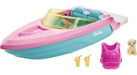 Barbie Mobilier Bateau pouvant Transporter 3 poupées avec Gilet de Sauvetage, Figurine Chiot et 2 Verres, Jouet pour Enfant, GRG29