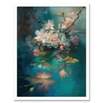 Low Hanging Cherry Blossom Branch in River Stream Modern Watercolour Painting Art Print Framed Poster Wall Decor 12x16 inch