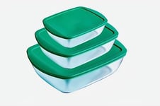 Pyrex Cook and Store Set of 3 Rectangular Glass Food Preparation and Storage Dishes with Lids (0.4L, 1.1L and 2.5L) BPA Free, Kitchen, Roasting, Freezing (Green - Pyrex Cook and Store Set of 3)
