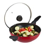 relaxdays Poêle wok couvercle en verre, 30 cm, wok antiadhésif, four à gaz, électrique, poignée, 4 litres, rouge/noir.