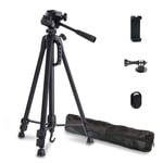 Phinistec 55” Camera Phone Tripod Stand for DSLR, Smartphone, Gopro with Universal Cellphone Mount, Bluetooth Remote Shutter and Gopro Adapter with Carry Bag (Matte Black)