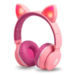 Kids Headphones Wireless Bluetooth Cat Ear Headphones with Flashing Light,SD Card Slot,FM,3.5mm Audio Jack Wired On Ear Headphones for Boys Girls Adults(Rose)