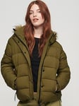 Superdry Faux Fur Short Hooded Puffer Jacket - Green, Green, Size 14, Women
