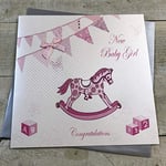 WHITE COTTON CARDS Girl Congratulations, Handmade Large New Baby Card (Pink, Rocking Horse & Bunting)