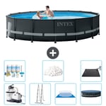 Intex Round Ultra XTR Frame Pool - 488 x 122 cm - Inklusive pump - Stege - Markduk - Lock Underhållspaket - Filtrera bollar - Solmatta Inklusive Till