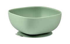 BÉABA, Bol Ventouse pour Enfant, 100% silicone, matière douce et très resistante, Adhère table/tablette chaise haute, Languette permettant de soulever l’assiette, Compatible micro-onde, Sage green