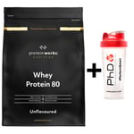 Protein Works Whey Protein Powder Unflavoured 2KG + PhD Shaker DATED SEPT/2023