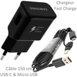 Pour Samsung Galaxy S8 Plus : Chargeur Rapide USB Original 2A + Câble Long Noir Univ