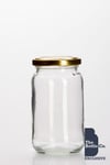 1 lb GLASS JAM JARS 380ML X 28 COMPLETE WITH GOLD LIDS NEW