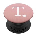 White Initial Letter T heart Monogram on Rose Pink PopSockets PopGrip: Swappable Grip for Phones & Tablets