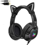 K9 Wired Cat Ear Gaming Headphones With Mic, RGB Luminous, USB Charging Cable, Mobile Phone Computer Noise Reduction Headset, Black and Pink