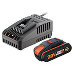 WORX - Kit de démarrage pack Batterie et chargeur rapide 20V - PowerShare - WA3601 (1 x batterie 20V-2Ah - charge 1h, Avec témoin de charge, Garantie 2 ans)