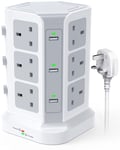 Tower Extension Lead by KOOSLA, [13A 3250W] Surge Protector - 12 AC Outlets & 6 USB Ports Multi Plug Socket Power Strip with Heavy-Duty Extension Cable 2m for Home, Office White