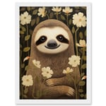 Sloth with Jasmine and Anemone Flowers Elegant Artwork Framed Wall Art Print A4