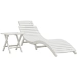 Transat chaise longue bain de soleil lit de jardin terrasse meuble d'extérieur avec table blanc bois massif d'acacia - Blanc