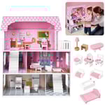 YUENFONG dockhus i trä med möbler och tillbehör, Barbie House 70 cm högt för barn från 3 år och uppåt