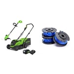 Greenworks Electric Lawn Mower 24V 33cm 30L Grass Catcher Box GD24LM33 and Cordless Grass Trimmer 25cm G24LT25 Auto Feed Head incl. 1 Battery 4Ah & Charger & Tools Single Cord Spool for Lawn Trimmers