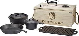 ECHTWERK Set de 7 Dutch Oven en fonte dans une caisse en bois, set de casseroles avec marmite, casserole à manche, plaque de gril, poêle, déjà cuit au four