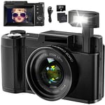 Digital Camera 4K 48MP Vlogging Camera for YouTube 16X Digital Zoom with Macro Function &Liftable Flash, Compact Camera for Photography 3’’ 180°Flip Screen, 32GB TF Card, 2 Batteries