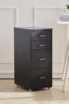 4 Drawers Vertical File Cabinet with Wheels Living Room Storage Cabinet Bedroom Black Bedside Table