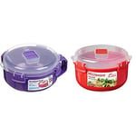 Sistema Klip It Microwave Porridge to Go, 850ml, (Assorted Colour) & Microwave Round Container, 915 ml - Red/Clear