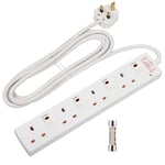 DEWENWILS 4Way Surge Protected Extension Lead with Individual Switches and Indicator Lights, 3Meters Cable, 13Amp 4Gang Power Strip Lead, White