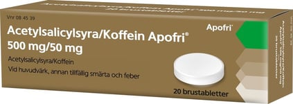 Acetylsalicylsyra/Koffein Apofri, brustablett 500 mg/50 mg 20 tablett(er)