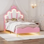 Barnsäng 90x200cm med LED - Prinsessäng med kuddar i läderimitation - Rosa