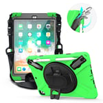 QYiD Case for iPad 9.7 2018 2017/iPad Air 2/iPad Pro 9.7 with Screen Protector, Heavy Duty Protective for kids with Pencil Holder 360 Rotating Kickstand/Soulder Strap for iPad 9.7 6th/5th (Green)