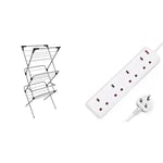 Vileda Sprint 3-Tier Clothes Airer, Indoor Clothes Drying Rack with 15 m Washing Line, Silver & DESIRETECH White Electric Extension Lead 4 Gang 2 Metre | 2m Long Cable