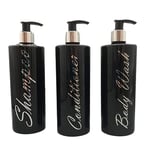 SET OF 3 Shampoo Body Wash Conditioner Black Silver Top Empty Bottles Mrs Hinch Inspired (Silver Writing)