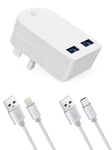 Ameego [3Pcs] 3A Foldable Dual USB Mains Plug & High Life Span Micro USB Cable & iPhone Cable Compatible iPad air Pro mini/iPhone X Max XR.5.6.7 8. Plus, and more Micro & iPhone USB Devices (White)