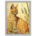 Serval Cat in Nature Detailed Watercolour and Ink Bright Illustration Artwork Framed Wall Art Print A4