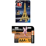 Ravensburger - Puzzle 3D - Building - Tour Eiffel illuminée - 12579 + Piles alcalines AAA Duracell Plus, 1.5V LR03 MN2400, Paquet de 12