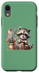 Coque pour iPhone XR Vert mignon raton laveur avec livres et fleurs Art créatif
